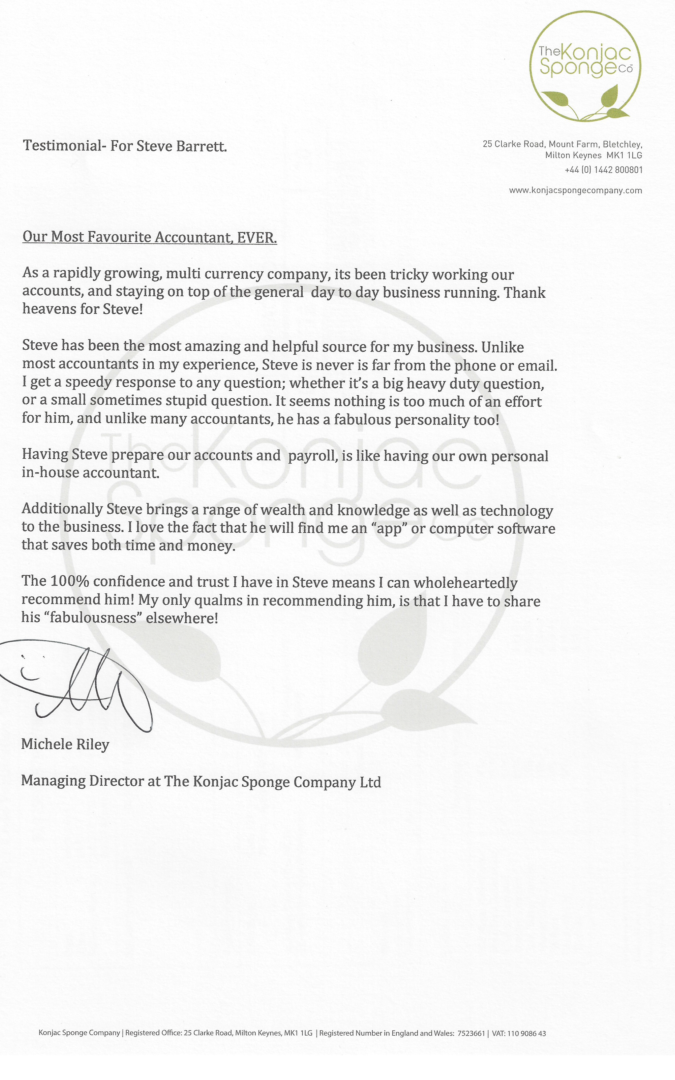 Testimonial for SBA accountants of Leighton Buzzard from The Konjac Sponge Company